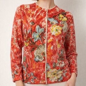 Vintage 1950s Darlene Angora Wool Cardigan Size S Red Floral Pearl Buttons